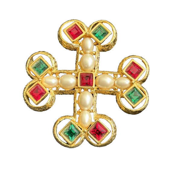 Joan Rivers Jewelry - Joan Rivers Maltese cross Brooch Pin Gold Tone Faux Pearls Green Red Rhinestones